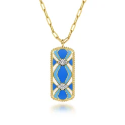 Gabriel & Co. Mosaic - 14K White and Yellow Gold Bujukan Diamond Dog Tag Pendant Necklace with Blue and Dust Blue and White Enamel