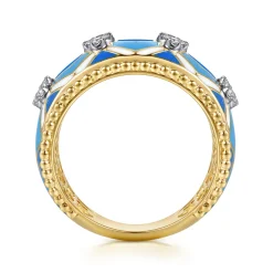 Outlet Gabriel & Co. Mosaic - 14K White and Yellow Gold Bujukan Diamond Wide Band with Blue and Dust Blue and White Enamel