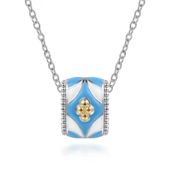 Sale Gabriel & Co. Mosaic - 14K Yellow Gold and 925 Sterling Silver Bujukan Clover Pendant Necklace with White and Dusk Blue Enamel