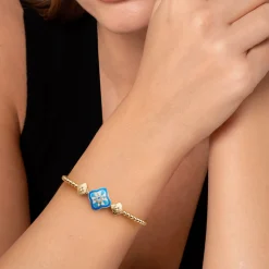 Sale Gabriel & Co. Mosaic - 14K Yellow Gold Bujukan Blue Topaz Floral Split Bangle Bracelet with Blue Dusk Blue and White Enamel