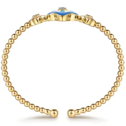 Sale Gabriel & Co. Mosaic - 14K Yellow Gold Bujukan Blue Topaz Floral Split Bangle Bracelet with Blue Dusk Blue and White Enamel