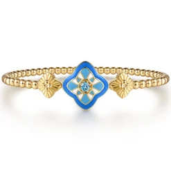Sale Gabriel & Co. Mosaic - 14K Yellow Gold Bujukan Blue Topaz Floral Split Bangle Bracelet with Blue Dusk Blue and White Enamel