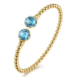 New Gabriel & Co. Mosaic - 14K Yellow Gold Bujukan Blue Topaz Floral Split Bangle Bracelet with Dusk Blue Enamel