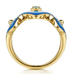 Best Gabriel & Co. Mosaic - 14K Yellow Gold Bujukan Blue Topaz Floral Wide Band with Blue Dusk Blue and White Enamel