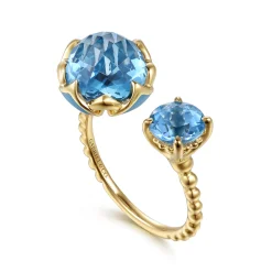 New Gabriel & Co. Mosaic - 14K Yellow Gold Bujukan Blue Topaz Clover Open Ring with Dusk Blue Enamel