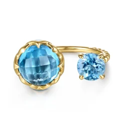 New Gabriel & Co. Mosaic - 14K Yellow Gold Bujukan Blue Topaz Clover Open Ring with Dusk Blue Enamel