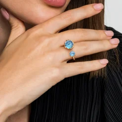 New Gabriel & Co. Mosaic - 14K Yellow Gold Bujukan Blue Topaz Clover Open Ring with Dusk Blue Enamel