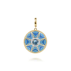 Sale Gabriel & Co. Mosaic - 14K Yellow Gold Bujukan Diamond and Blue Topaz Medallion with Blue and Dust Blue and White Enamel