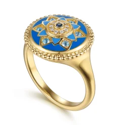 Outlet Gabriel & Co. Mosaic - 14K Yellow Gold Bujukan Diamond Blue Sapphire and Blue Topaz Signet Ring with Dusk Blue and Blue Enamel