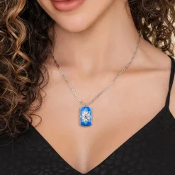Gabriel & Co. Mosaic - 925 Sterling Silver Bujukan White Sapphire and Blue Sapphire Dog Tag Pendant Necklace with Blue and Dust Blue and White Enamel
