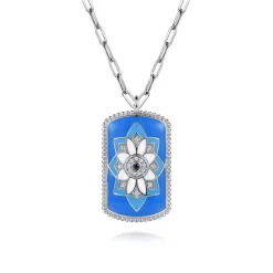 Gabriel & Co. Mosaic - 925 Sterling Silver Bujukan White Sapphire and Blue Sapphire Dog Tag Pendant Necklace with Blue and Dust Blue and White Enamel