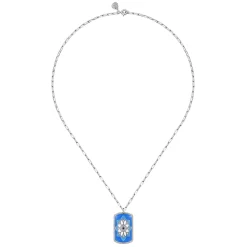 Gabriel & Co. Mosaic - 925 Sterling Silver Bujukan White Sapphire and Blue Sapphire Dog Tag Pendant Necklace with Blue and Dust Blue and White Enamel