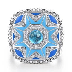 Sale Gabriel & Co. Mosaic - 925 Sterling Silver Bujukan White Sapphire and Blue Topaz Signet Ring with Blue and Dust Blue Enamel