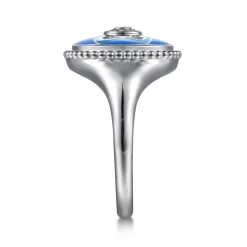 Hot Gabriel & Co. Mosaic - 925 Sterling Silver Bujukan White Sapphire and Blue Sapphire Signet Ring with Blue and Dust Blue and White Enamel