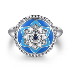 Hot Gabriel & Co. Mosaic - 925 Sterling Silver Bujukan White Sapphire and Blue Sapphire Signet Ring with Blue and Dust Blue and White Enamel