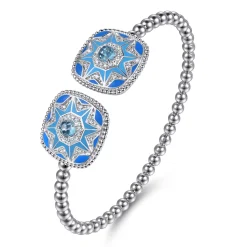 Gabriel & Co. Mosaic - 925 Sterling Silver Bujukan White Sapphire and Blue Topaz Open Bangle with Blue and Dust Blue Enamel
