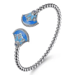 Sale Gabriel & Co. Mosaic - 925 Sterling Silver Bujukan White Sapphire and Blue Topaz Bangle Bracelet with Blue and Dust Blue Enamel