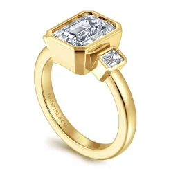 Sale Gabriel & Co. Nelle - 14K Yellow Gold Emerald Cut Three Stone Bezel Diamond Engagement Ring