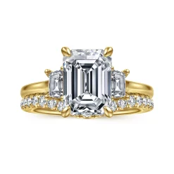 Hot Gabriel & Co. Nigela - 14K Yellow Gold Emerald Cut Three Stone Lotus Diamond Engagement Ring