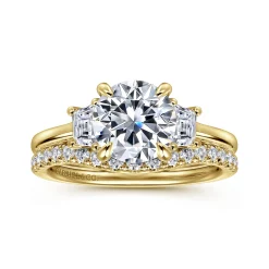 Sale Gabriel & Co. Nigela - 14K Yellow Gold Round Three Stone Lotus Diamond Engagement Ring