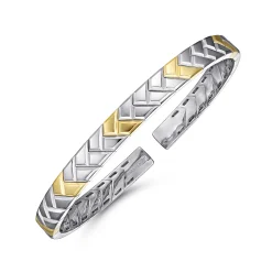 Hot Gabriel & Co. Open Cuff Bangle Herringbone 925 Sterling Silver and 14K Yellow Gold 7mm
