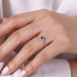Online Gabriel & Co. Promise Ring - 14K White Gold Blue Sapphire and Diamond Halo Promise Ring