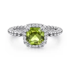 Best Gabriel & Co. Promise Ring - 14K White Gold Cushion Cut Peridot and Diamond Halo Promise Ring