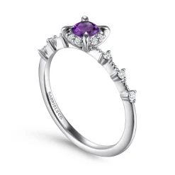 Gabriel & Co. Promise Ring - 14K White Gold Round Amethyst and Diamond Halo Promise Ring