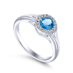New Gabriel & Co. Promise Ring - 14K White Gold Round Blue Topaz and Diamond Halo Promise Ring