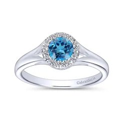 New Gabriel & Co. Promise Ring - 14K White Gold Round Blue Topaz and Diamond Halo Promise Ring