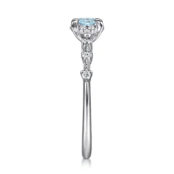 New Gabriel & Co. Promise Ring - 14K White Gold Round Aquamarine and Diamond Halo Promise Ring