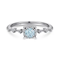 New Gabriel & Co. Promise Ring - 14K White Gold Round Aquamarine and Diamond Halo Promise Ring