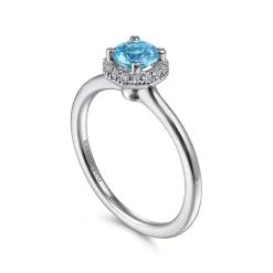 Discount Gabriel & Co. Promise Ring - 14K White Gold Round Blue Topaz and Hexagon Diamond Halo Promise Ring