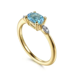 Clearance Gabriel & Co. Promise Ring - 14K Yellow Gold Oval Blue Topaz and Diamond Promise Ring