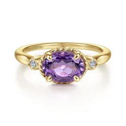 Hot Gabriel & Co. Promise Ring - 14K Yellow Gold Oval Amethyst and Diamond Three Stone Promise Ring