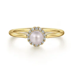 Best Gabriel & Co. Promise Ring - 14K Yellow Gold Pearl Promise Ring with Diamond Halo