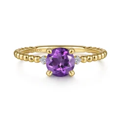 Discount Gabriel & Co. Promise Ring - 14K Yellow Gold Round Amethyst and Diamond Bujukan Promise Ring