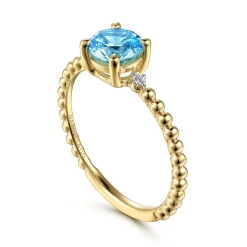 Clearance Gabriel & Co. Promise Ring - 14K Yellow Gold Round Swiss Blue Topaz and Diamond Bujukan Promise Ring
