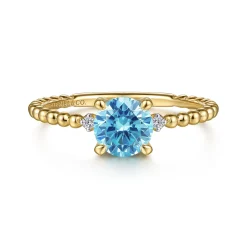 Clearance Gabriel & Co. Promise Ring - 14K Yellow Gold Round Swiss Blue Topaz and Diamond Bujukan Promise Ring