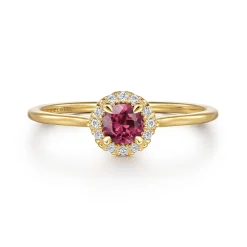 New Gabriel & Co. Promise Ring - 14k Yellow Gold Round Cut Diamond Halo Pink Tourmaline Promise Ring
