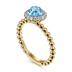 Discount Gabriel & Co. Promise Ring - 14K Yellow Gold Round Blue Topaz and Diamond Halo Bezel Set Bujukan Promise Ring