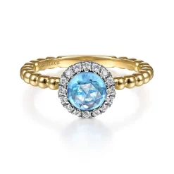 Discount Gabriel & Co. Promise Ring - 14K Yellow Gold Round Blue Topaz and Diamond Halo Bezel Set Bujukan Promise Ring