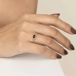 Discount Gabriel & Co. Promise Ring - 14K Yellow Plain Gold Bujukan And Garnet Stackable Promise Ring