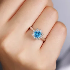 Online Gabriel & Co. Promise Ring - Vintage Inspired 14K White Gold Round Blue Topaz and Floral Diamond Halo Promise Ring