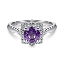 Clearance Gabriel & Co. Promise Ring - Vintage Inspired 14K White Gold Round Amethyst and Diamond Flower Promise Ring