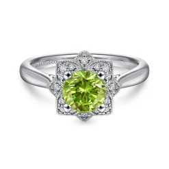 Best Gabriel & Co. Promise Ring - Vintage Inspired 14K White Gold Round Peridot and Floral Diamond Halo Promise Ring