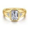 Sale Gabriel & Co. Reaux - 14K Yellow Gold Emerald Cut Three Stone Bezel Set Diamond Engagement Ring