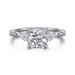 Sale Gabriel & Co. Reema - 14K White Gold Cushion Cut Three Stone Lotus Diamond Engagement Ring