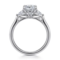 Sale Gabriel & Co. Reema - 14K White Gold Cushion Cut Three Stone Lotus Diamond Engagement Ring