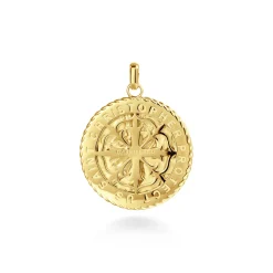 New Gabriel & Co. Round 14K Yellow Gold St. Christopher Protect Us Pendant with Twisted Rope Frame